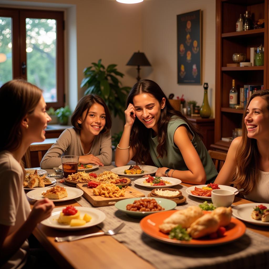 Spanish family enjoying dinner with their homestay work exchange guest