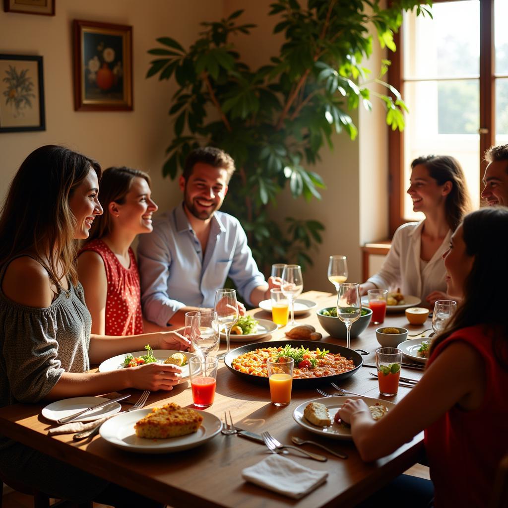 Family enjoying paella dinner in a Spanish homestay