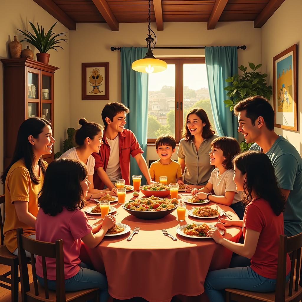 A Spanish family shares stories and laughter during a lively dinner