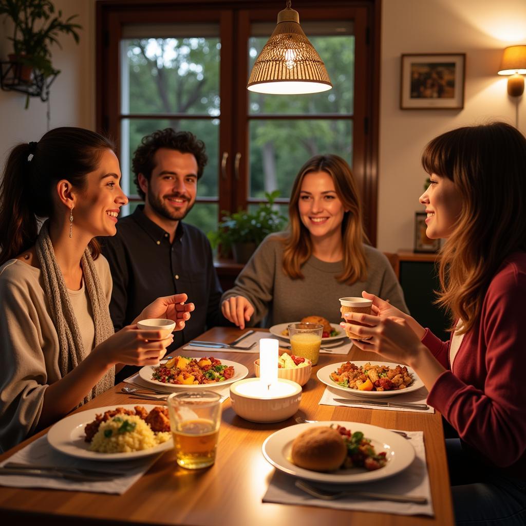 Spanish Family Enjoying Dinner with a Homestay Guest