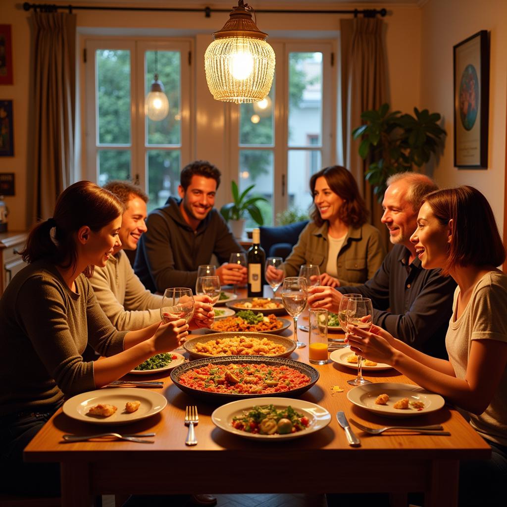 Spanish Family Enjoying Paella Dinner