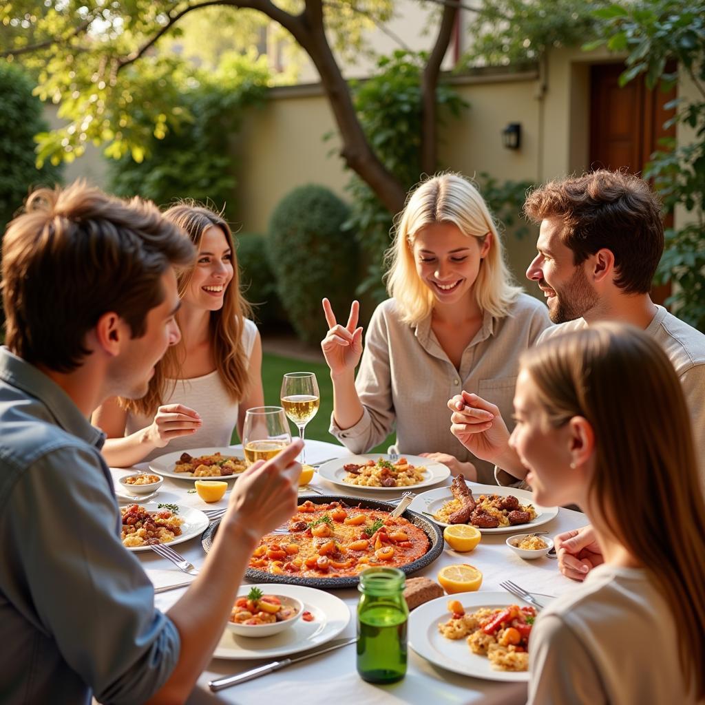 Spanish Family Enjoying Paella Dinner