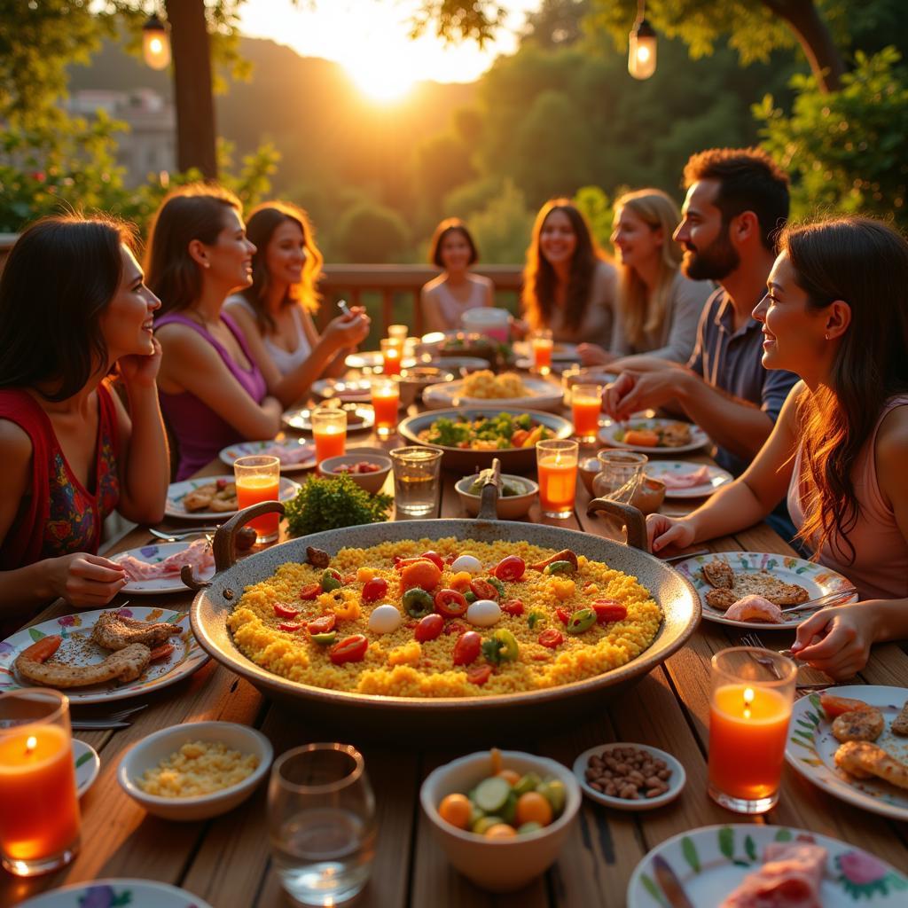 Spanish Family Enjoying Paella Dinner