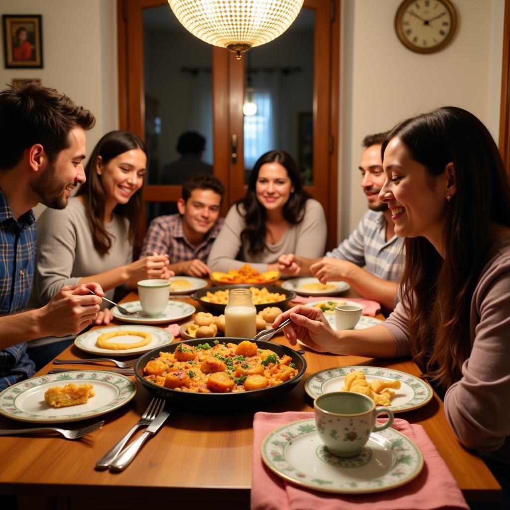 Spanish family enjoying a paella dinner with their homestay guest.