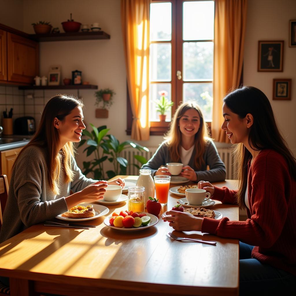 Spanish Family Enjoying Breakfast Together in a Homestay