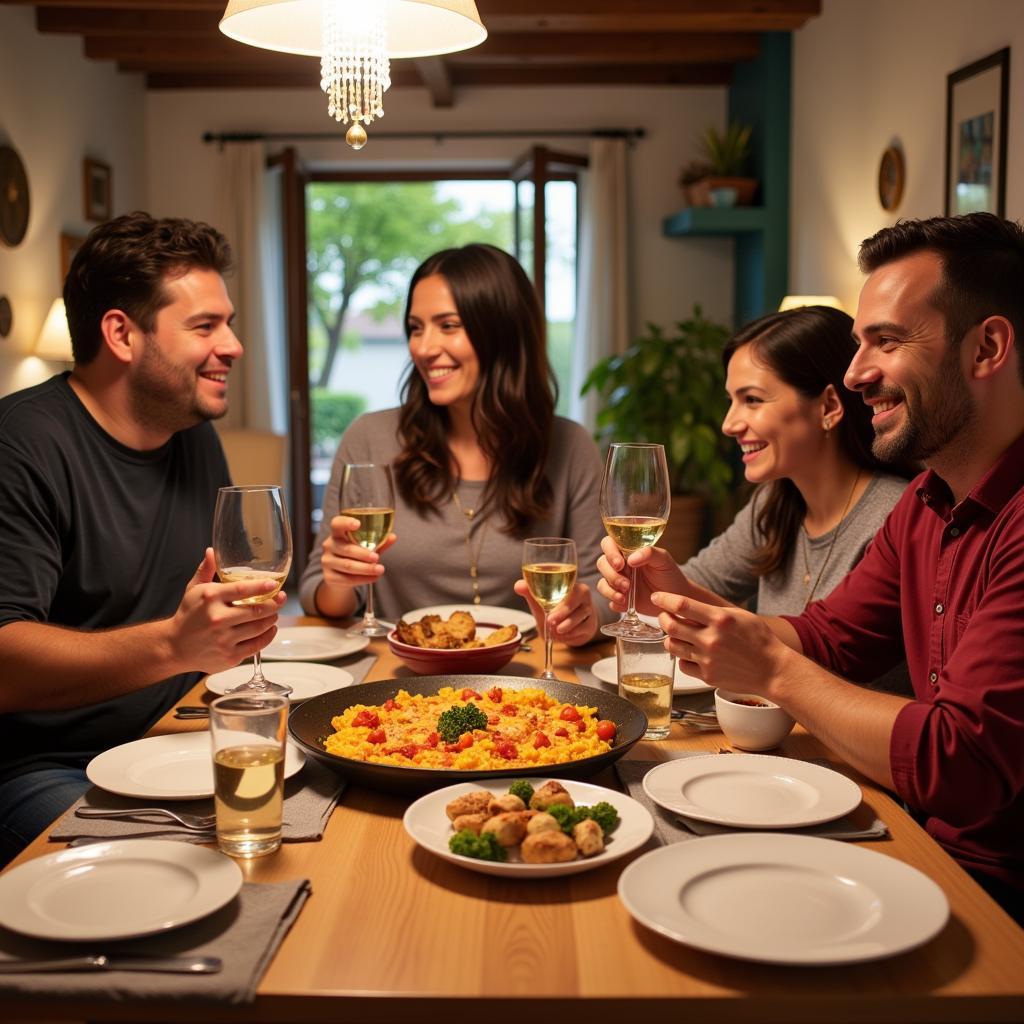 Family enjoying a traditional Spanish dinner in a homestay