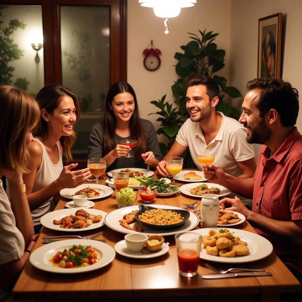 A Spanish family enjoying a traditional dinner with their homestay guests