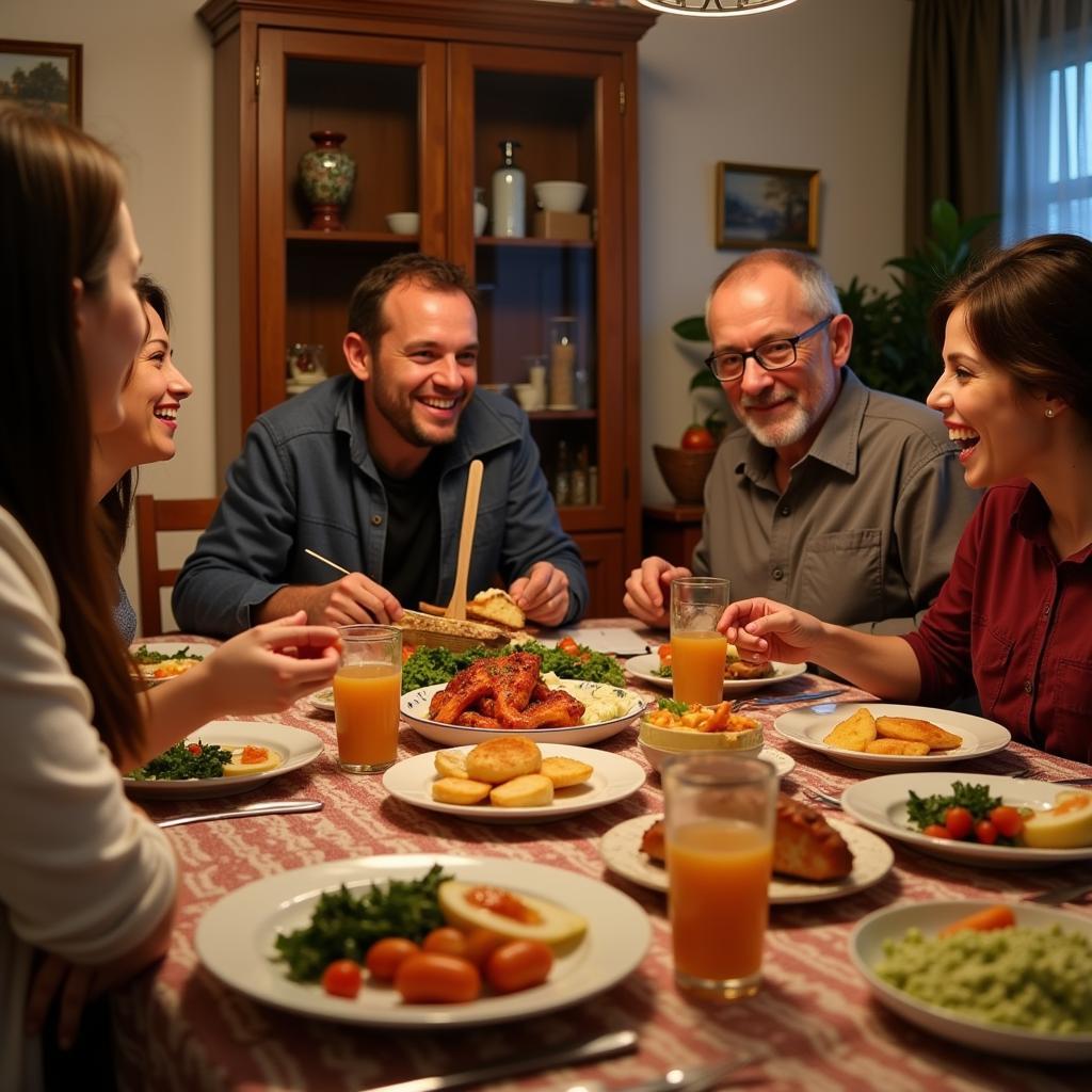 Spanish Family Enjoying Dinner with Homestay Guest