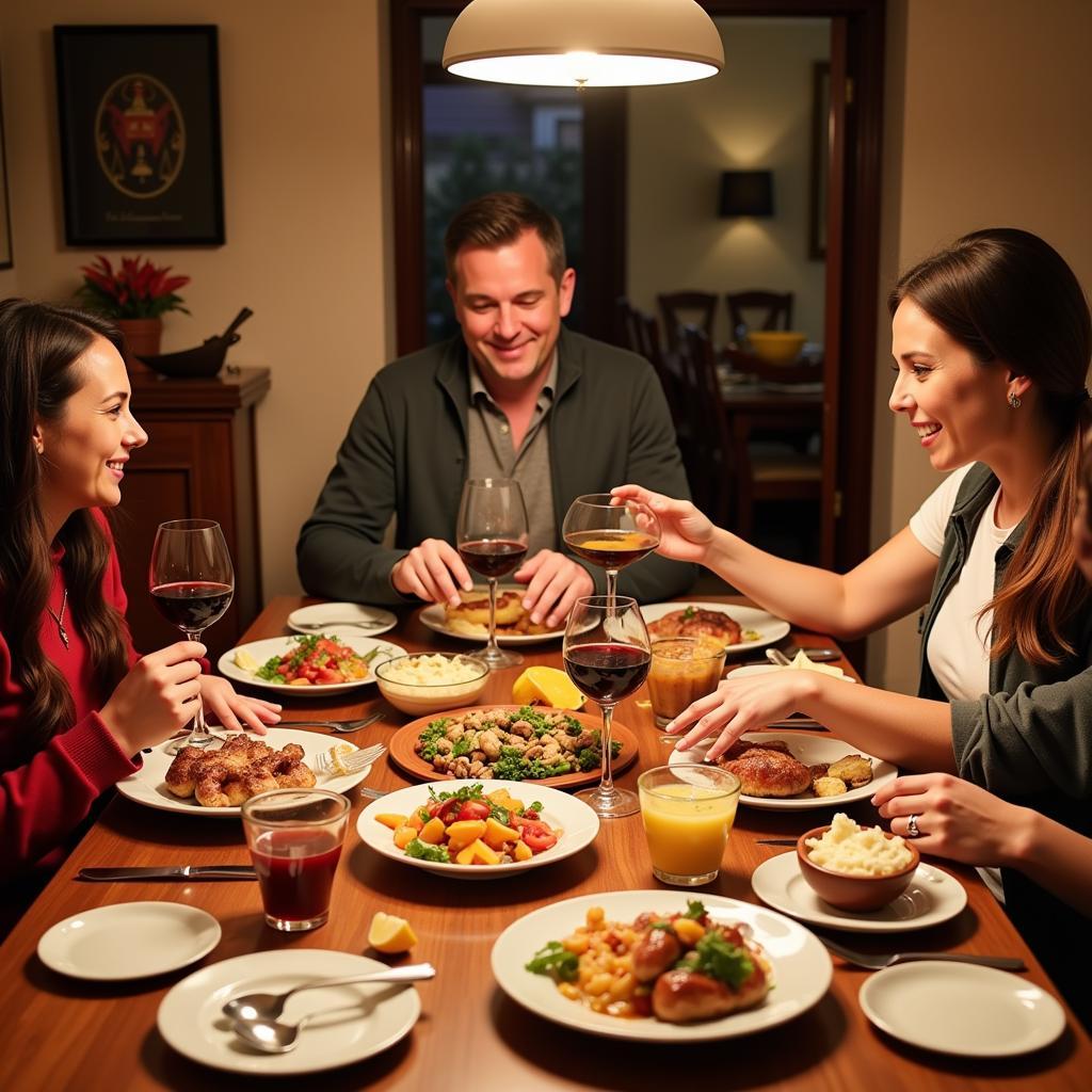 Spanish Family Enjoying Dinner with Homestay Guest