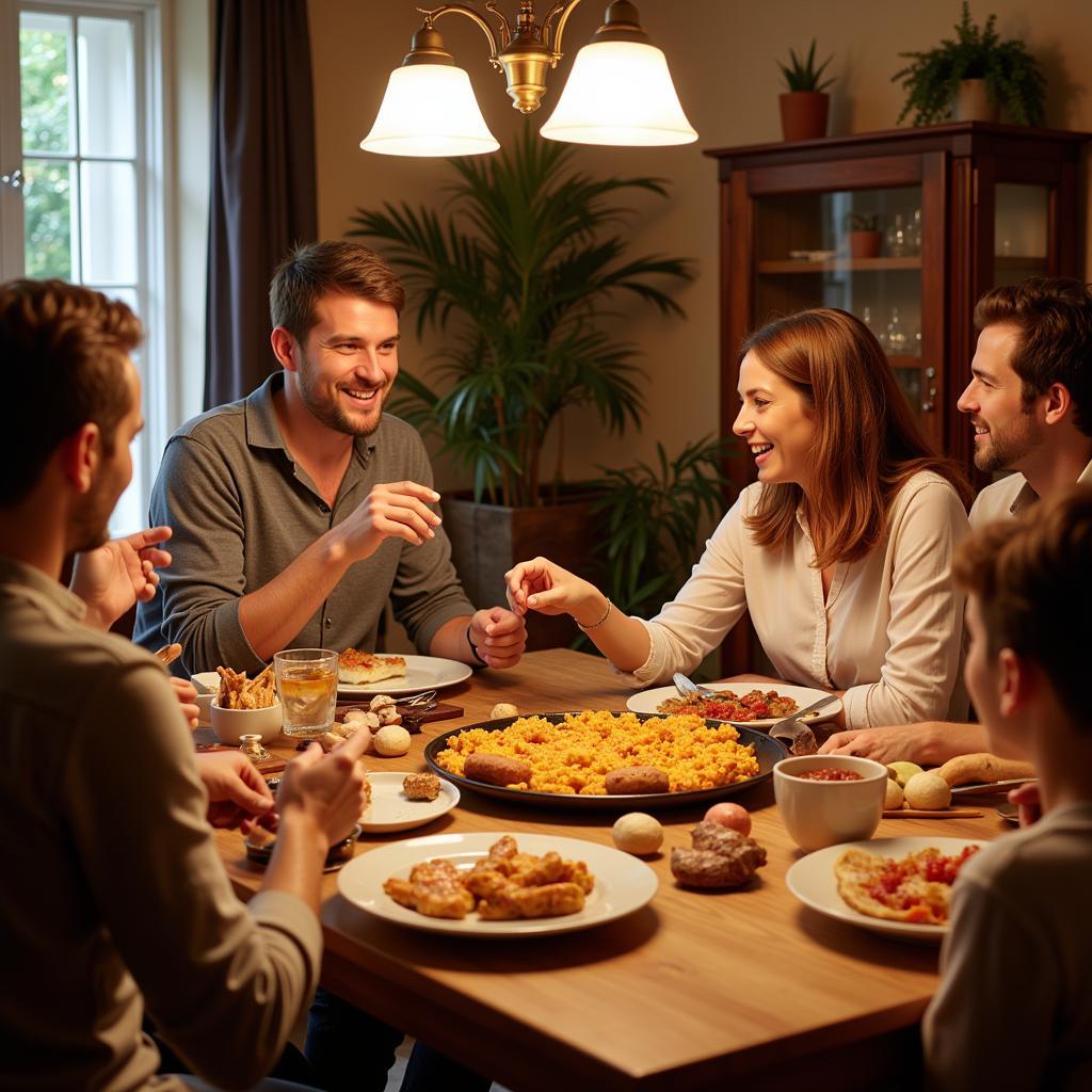 A Spanish family enjoying a traditional dinner with their homestay guest