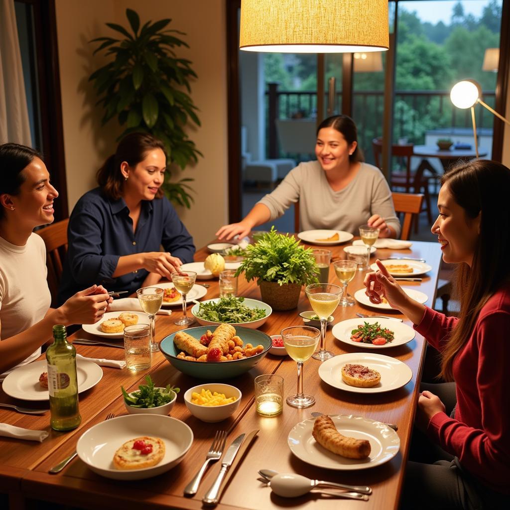 Sharing a meal with a Spanish family at a homestay, creating a connection similar to the warmth sought in Terengganu homestays.