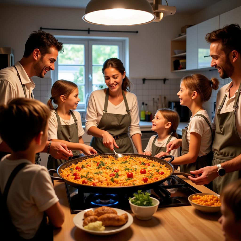 A Spanish family preparing paella together in their kitchen, showcasing the warmth and connection of a homestay experience.