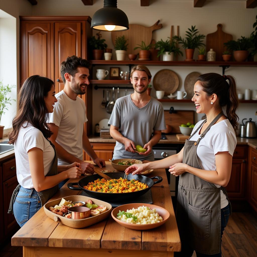 Spanish Family Preparing Paella in a Betel Wood Decorated Kitchen