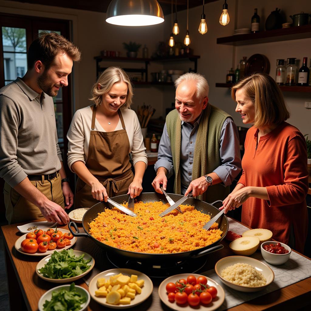 A Spanish family joyfully preparing a traditional paella dish together in their kitchen, sharing laughter and stories.