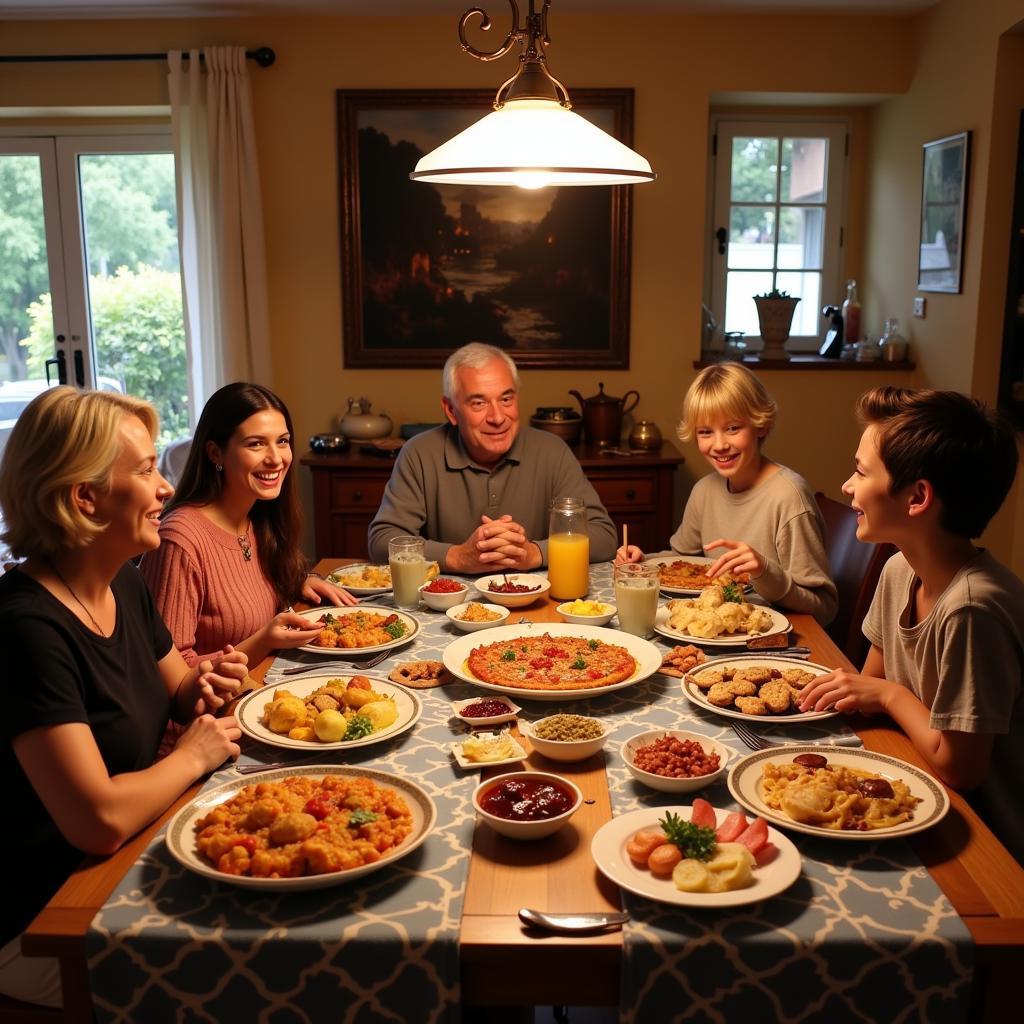 Spanish Family Sharing a Meal with Homestay Guest