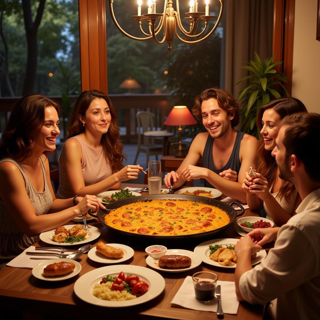 A Spanish family sharing a delicious paella dinner with their homestay guest.