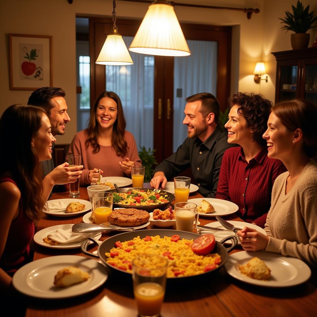 Enjoying a traditional paella dinner with a Spanish host family