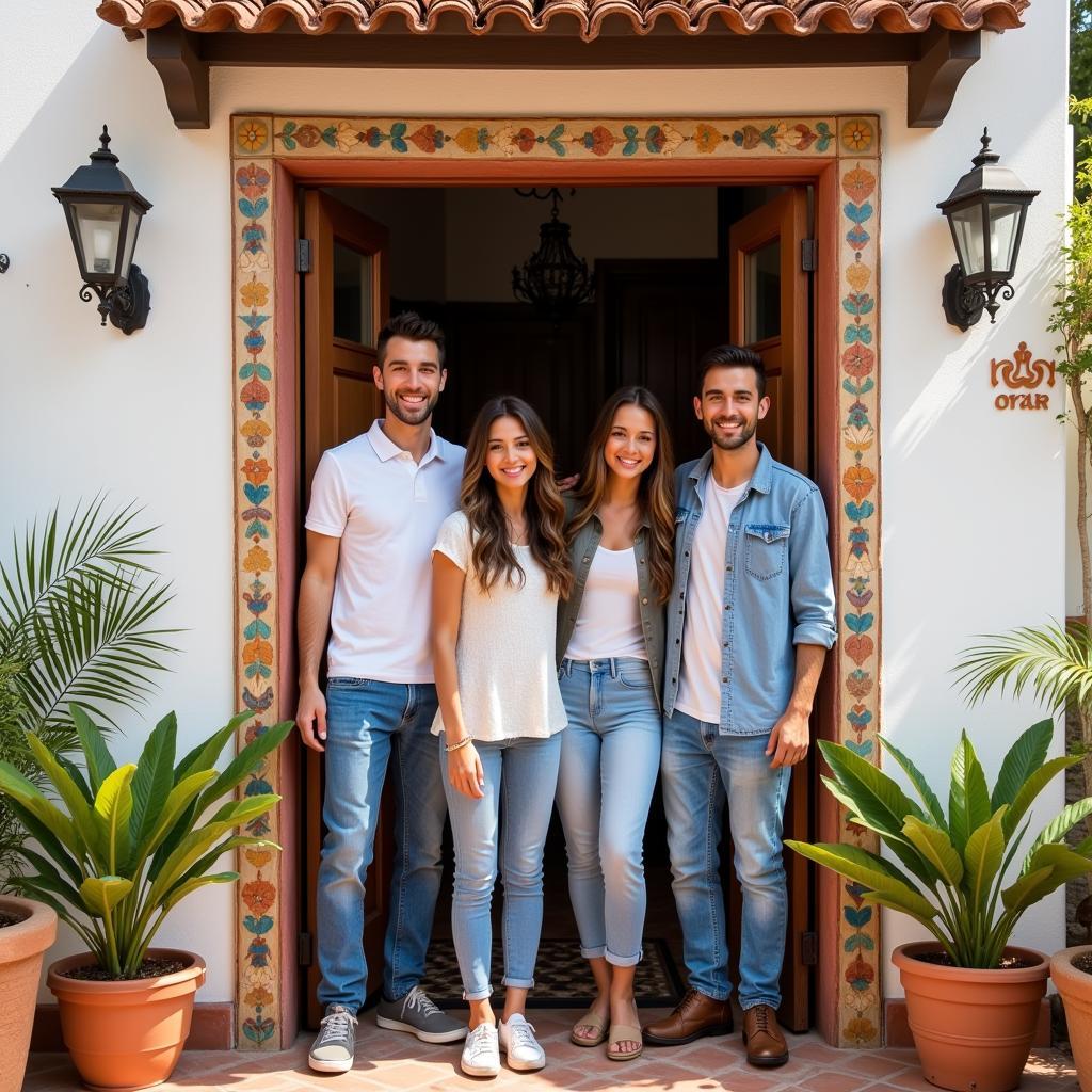 A Spanish family warmly welcoming guests into their traditional home