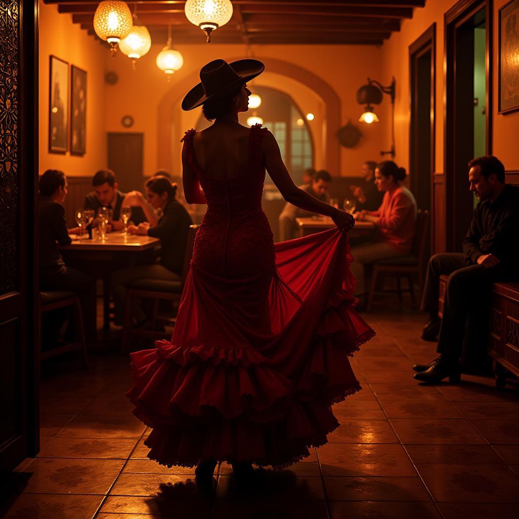 A passionate flamenco dancer performing in a traditional Spanish setting.