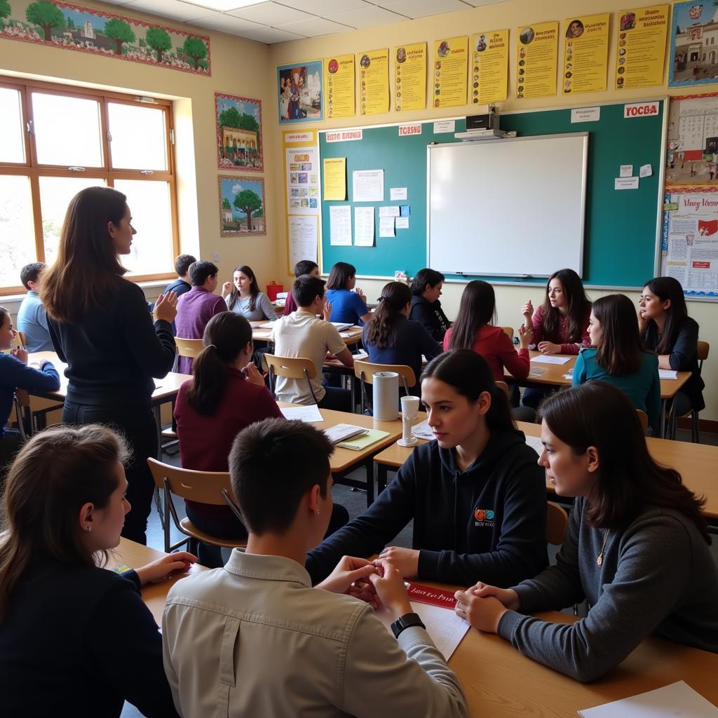 Students interacting in a bright, modern Spanish classroom