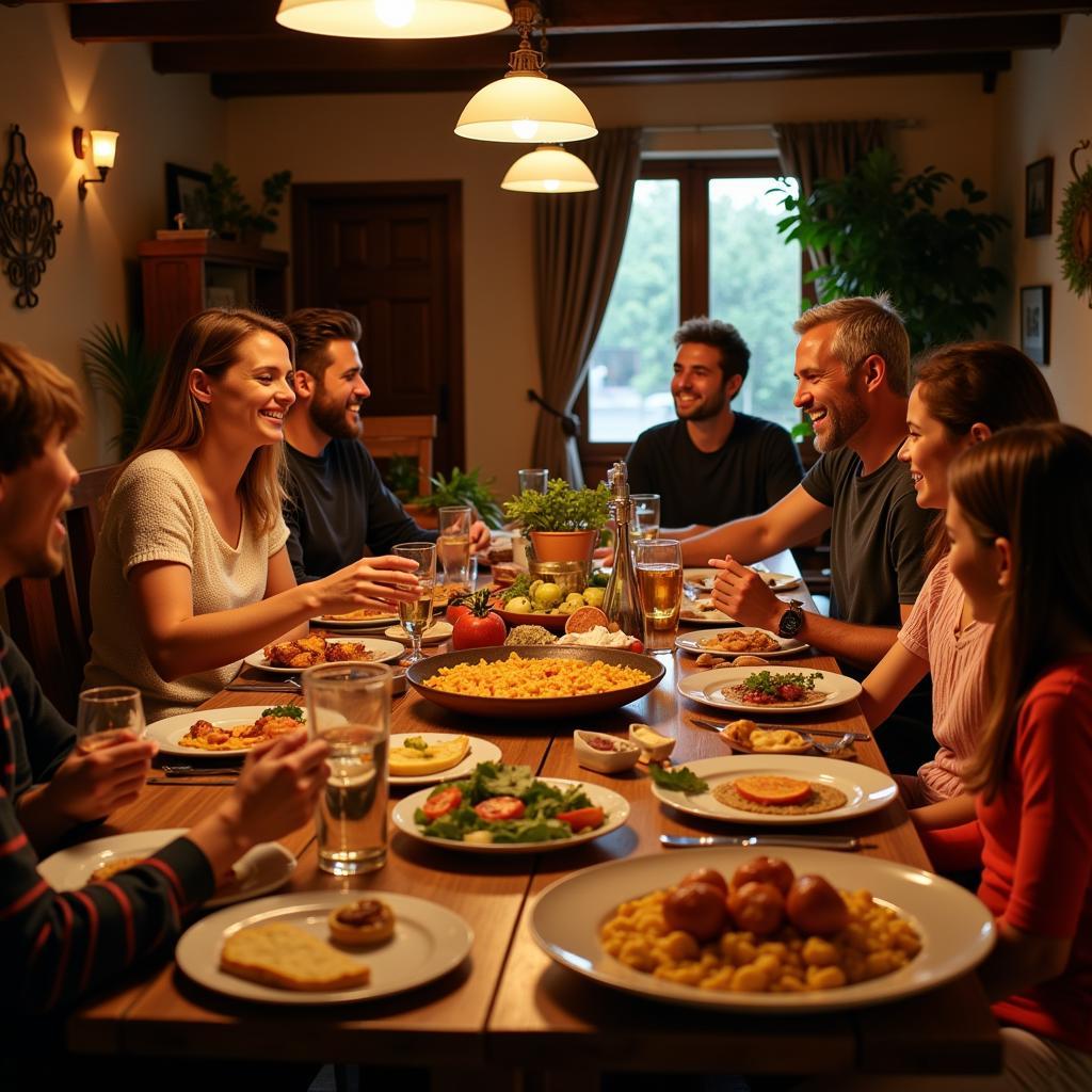 Family enjoying a traditional Spanish dinner at a homefarm homestay