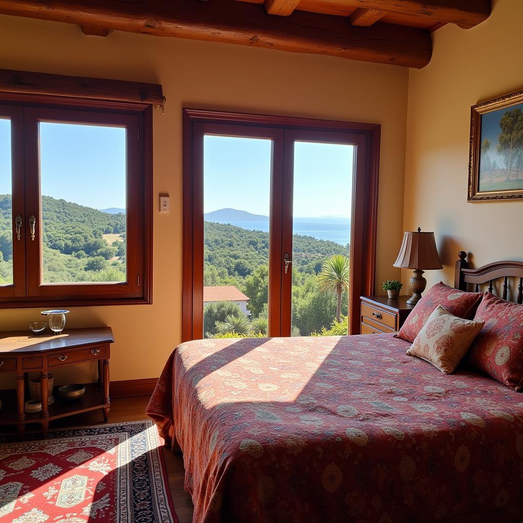 A comfortable bedroom in a Spanish homestay with a stunning view of the surrounding landscape.