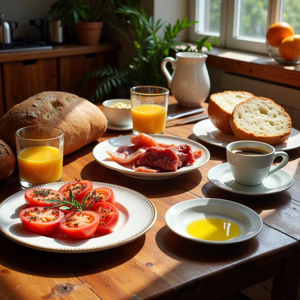 A delicious spread of Spanish breakfast in a homestay setting