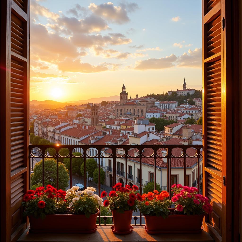 A stunning view of a Spanish city from a homestay balcony, illustrating the unique perspective and immersive experience offered by "me Stay in Spain".