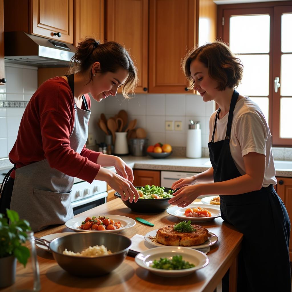 A guest actively participates in a Spanish cooking class within the cozy kitchen of their homestay, learning to prepare traditional dishes under the guidance of their host.