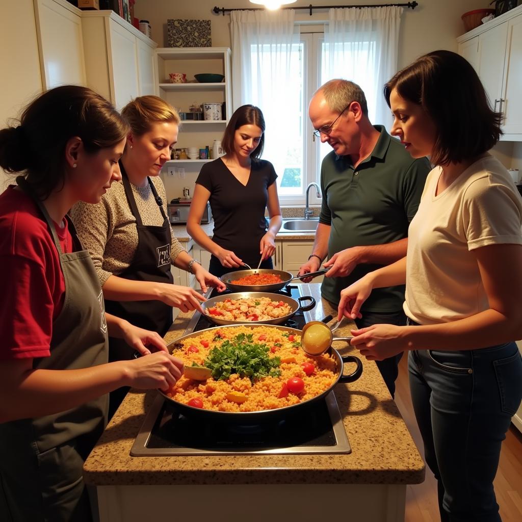 Learning to make paella in a Spanish homestay cooking class