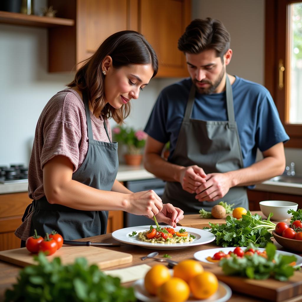 A homestay guest participates in a cooking class with their host family, learning how to prepare traditional Spanish dishes.