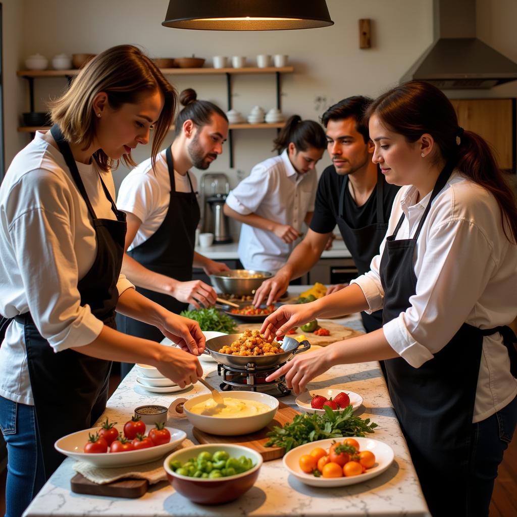 Guests participating in a cooking class at a Spanish homestay