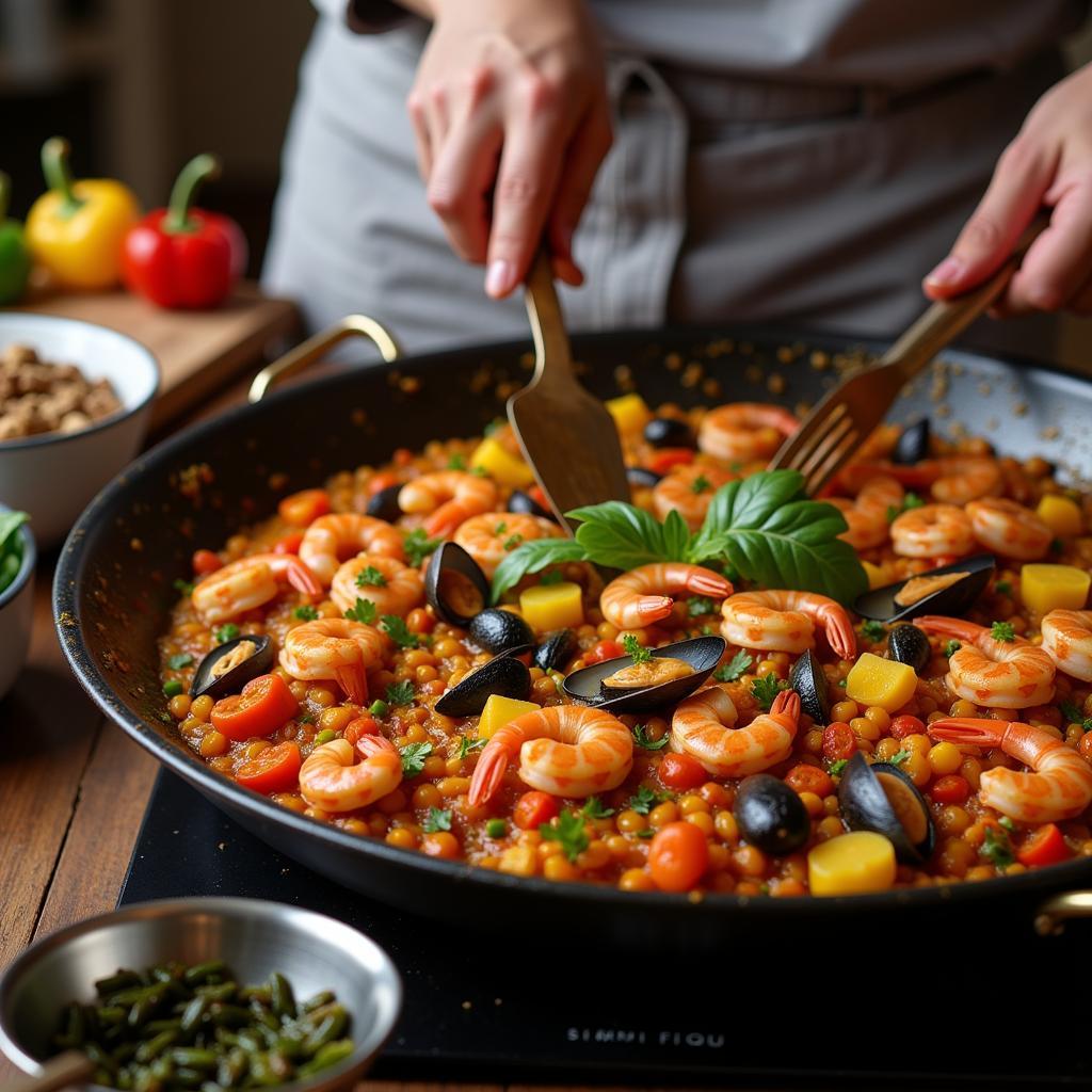 Preparing a paella in a Spanish homestay kitchen