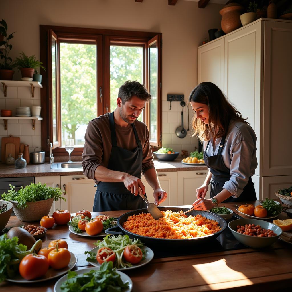 Homestay guests learning to cook paella with their Spanish host