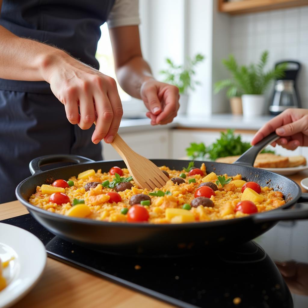 Learning to cook paella in a Spanish homestay