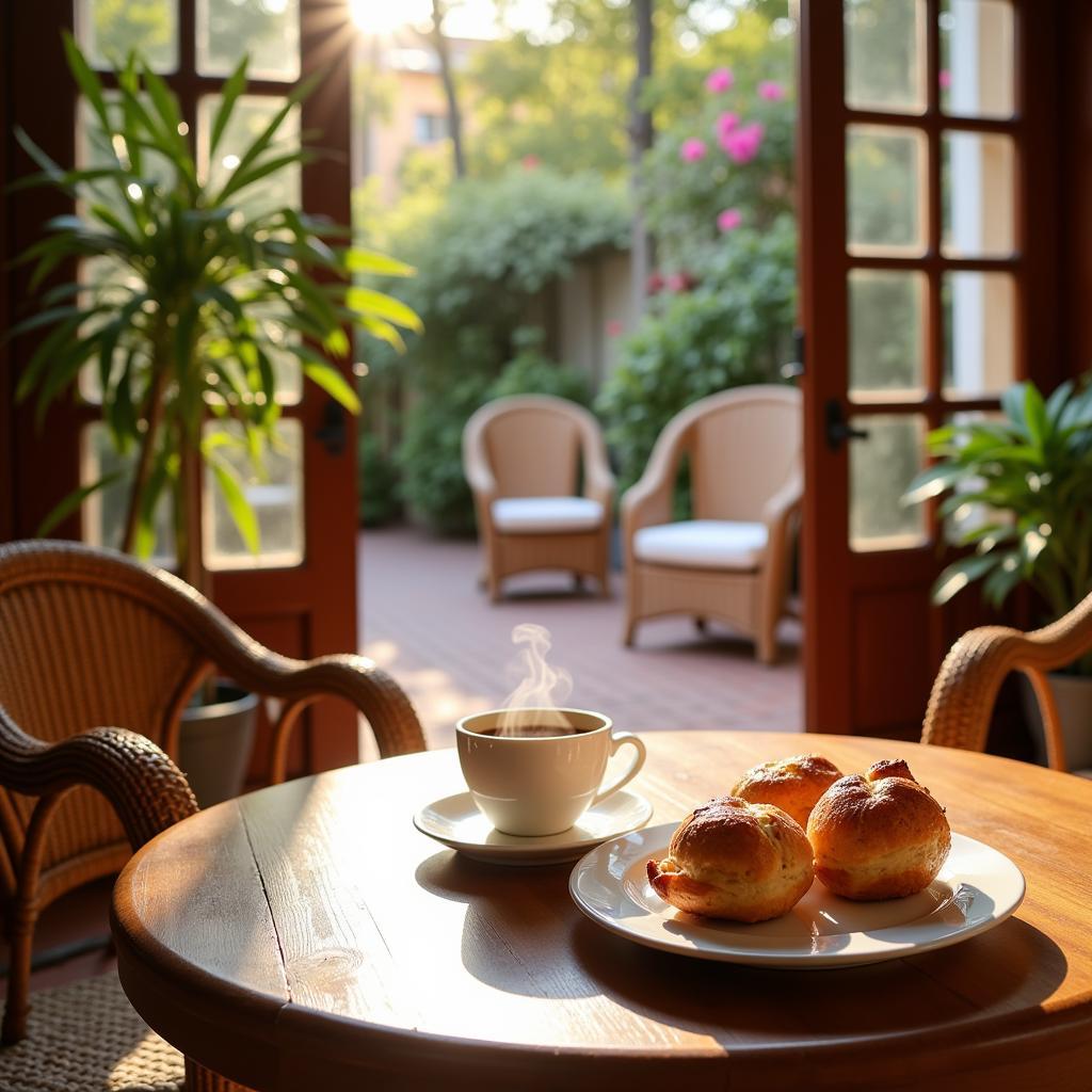 A cozy patio in a Spanish homestay, perfect for enjoying a morning coffee and the warm Mediterranean sun.