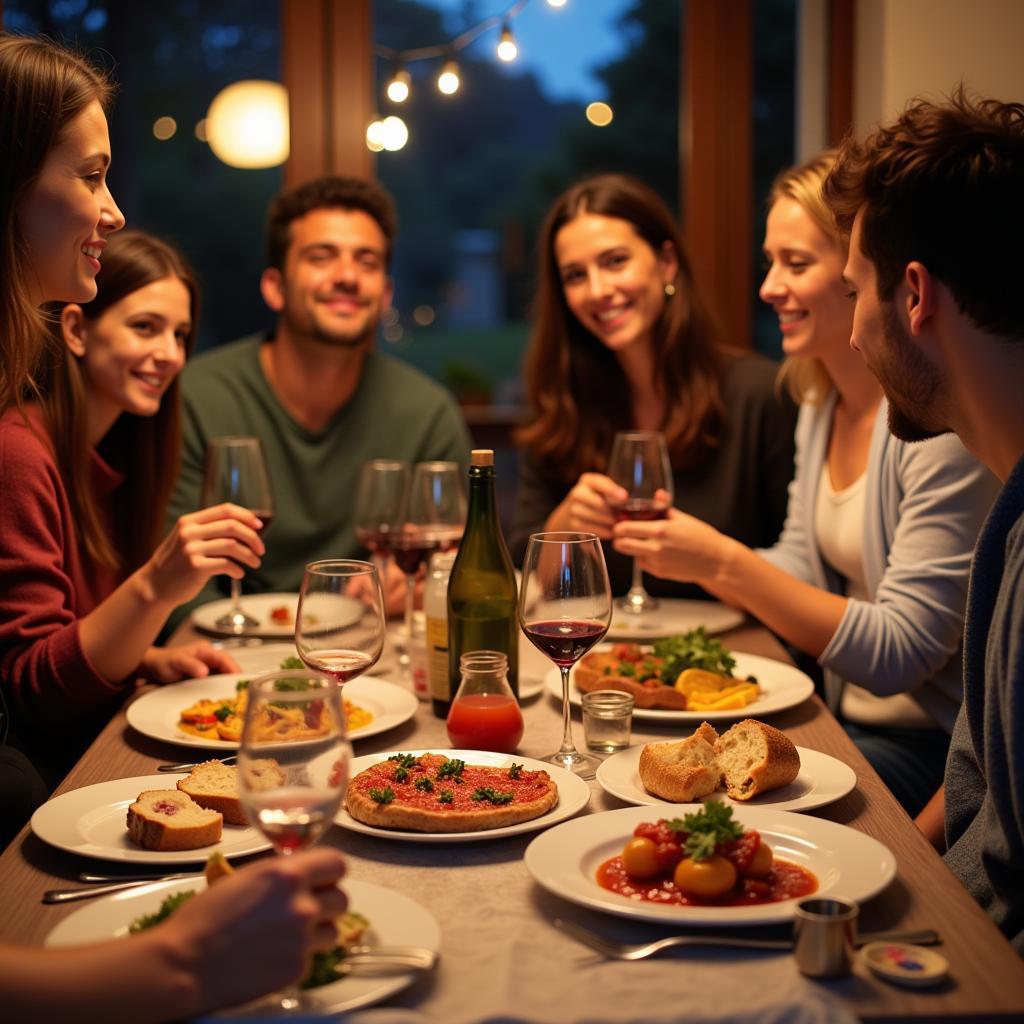 A family enjoying a traditional Spanish dinner together in a homestay