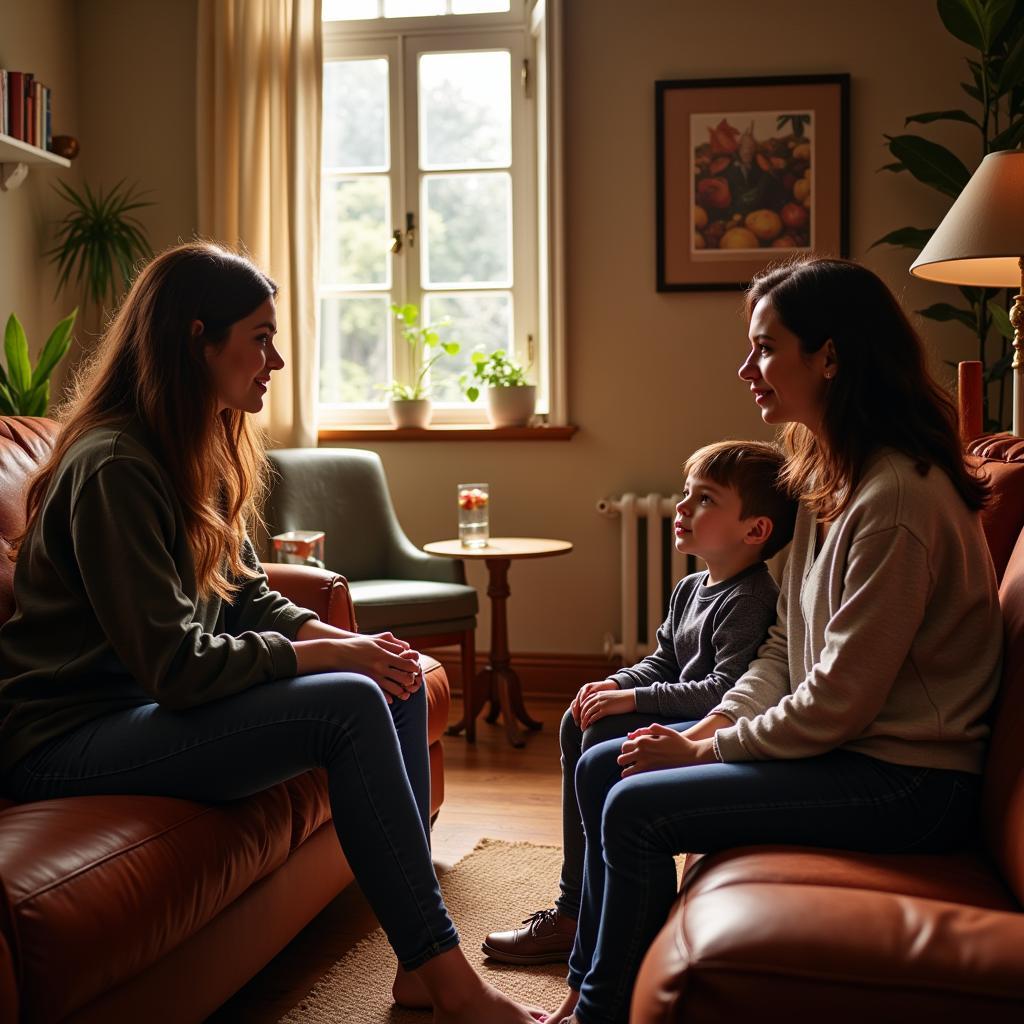 Student enjoying English conversation with host family in a Spanish home