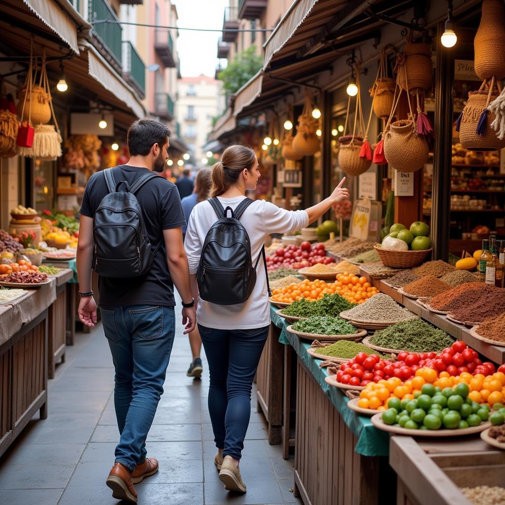 Guests exploring a local market with their Spanish host