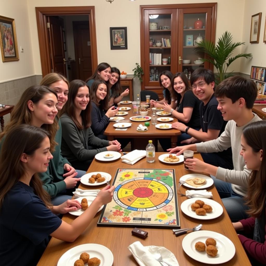 Students participating in activities with their Spanish host family