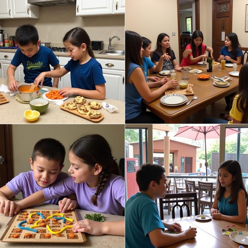 A family engages in various activities with their homestay hosts, including cooking, playing games, and exploring local markets.