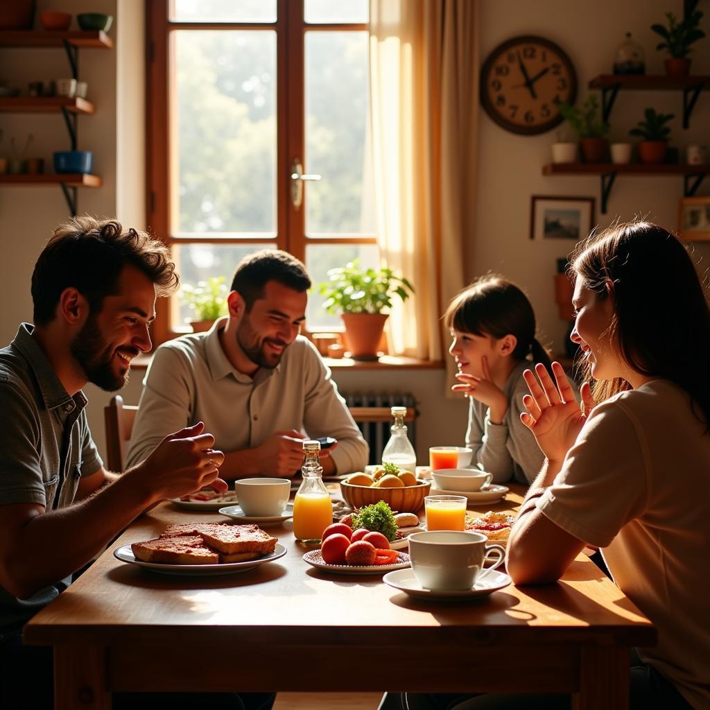 Spanish Family Enjoying Breakfast Together in a Cozy Homestay