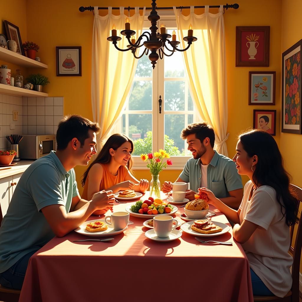 Spanish Family Enjoying Breakfast Together in a Cozy Homestay