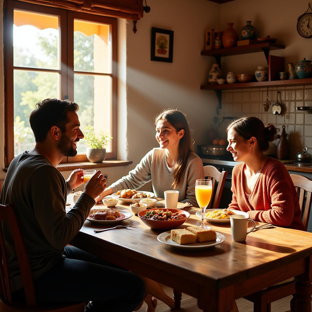 Spanish family enjoying breakfast together in a homestay