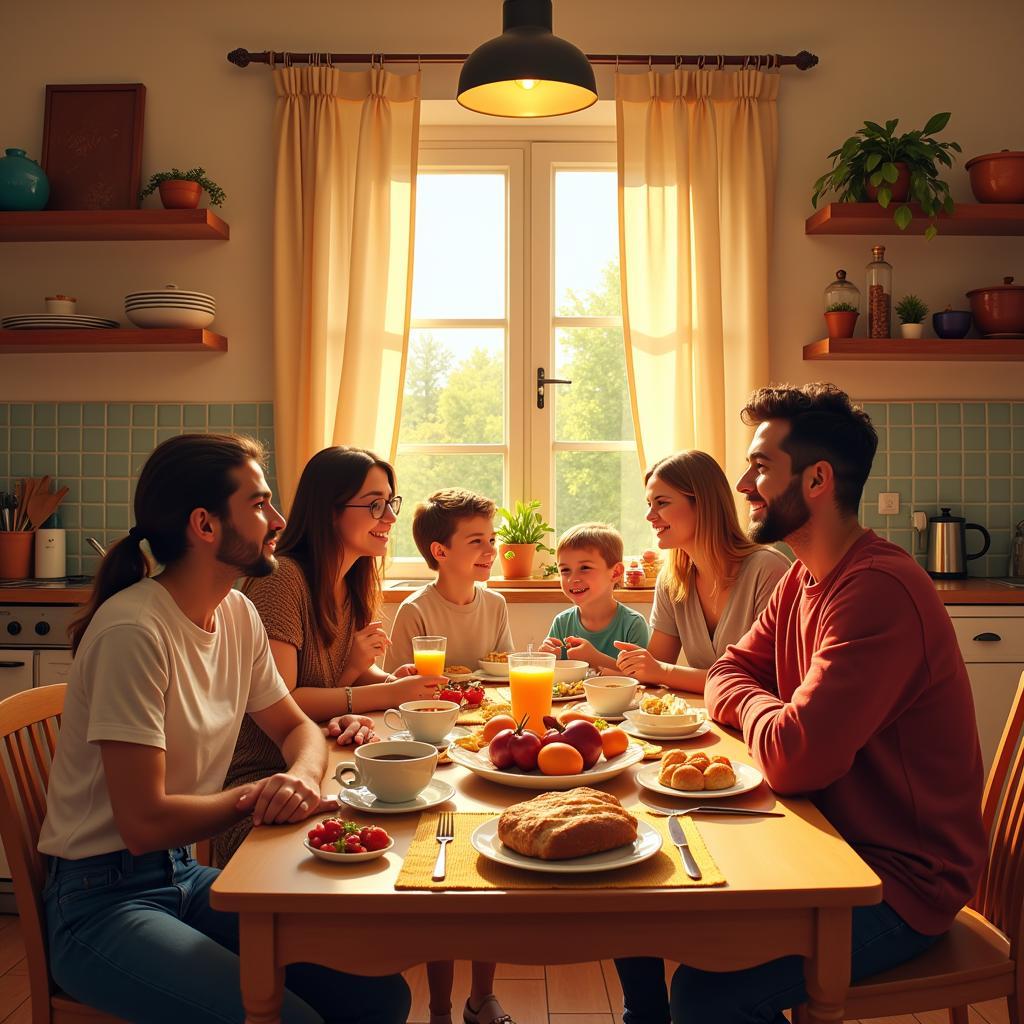 Spanish Family Enjoying Breakfast Together in a Sunny Kitchen