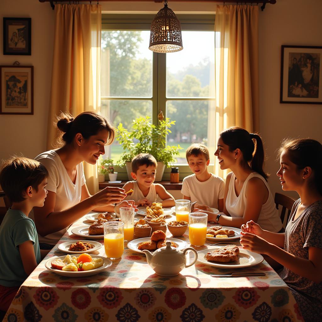 A Spanish family enjoys breakfast together in their vibrant kitchen