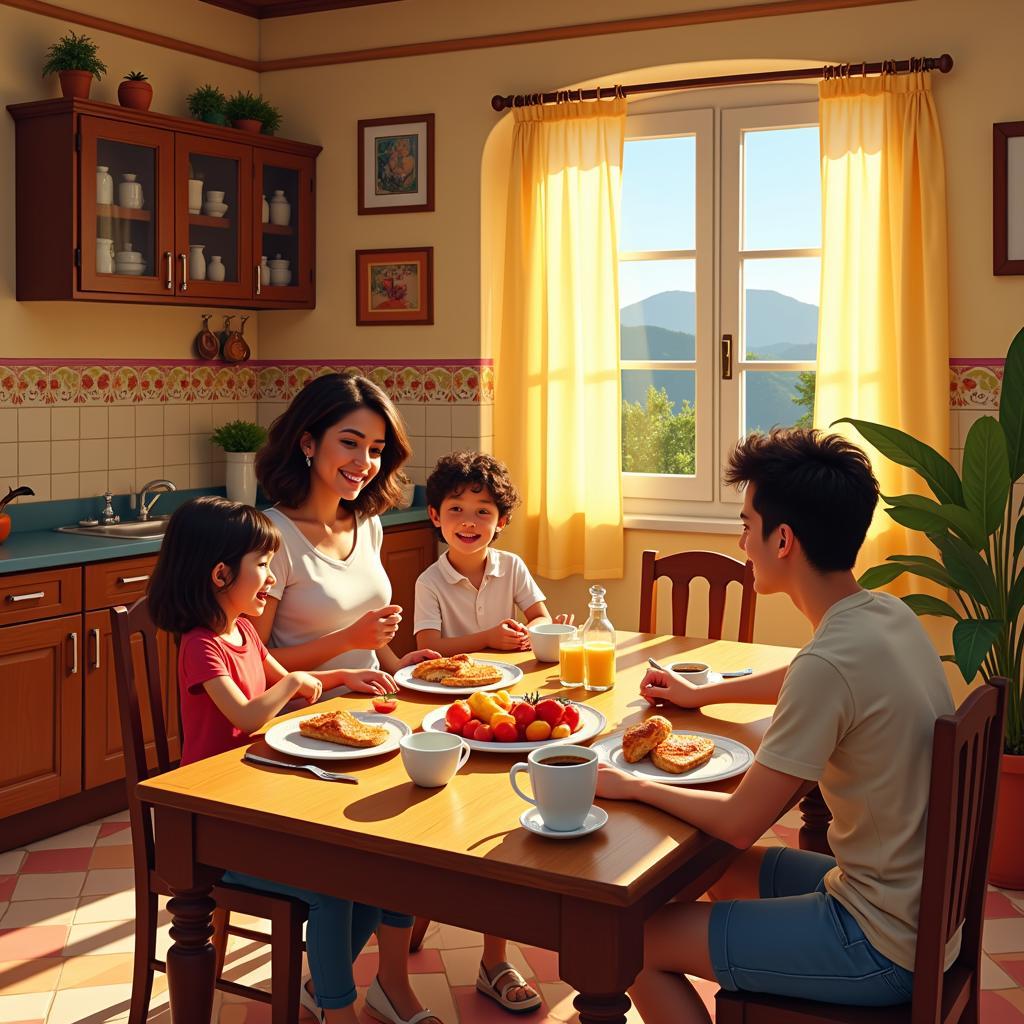 A Spanish family enjoying breakfast together in their cozy kitchen.