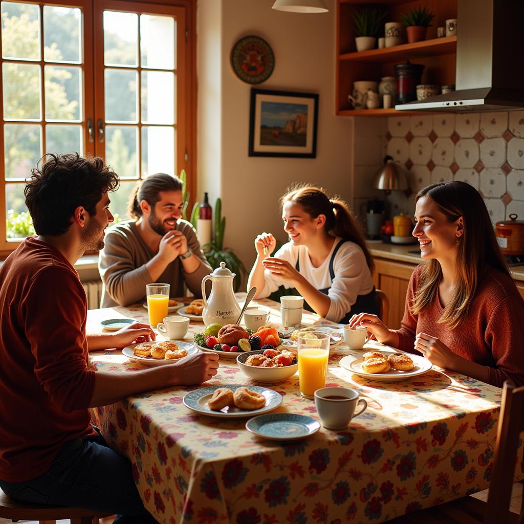 A Spanish family enjoying breakfast together in their cozy kitchen