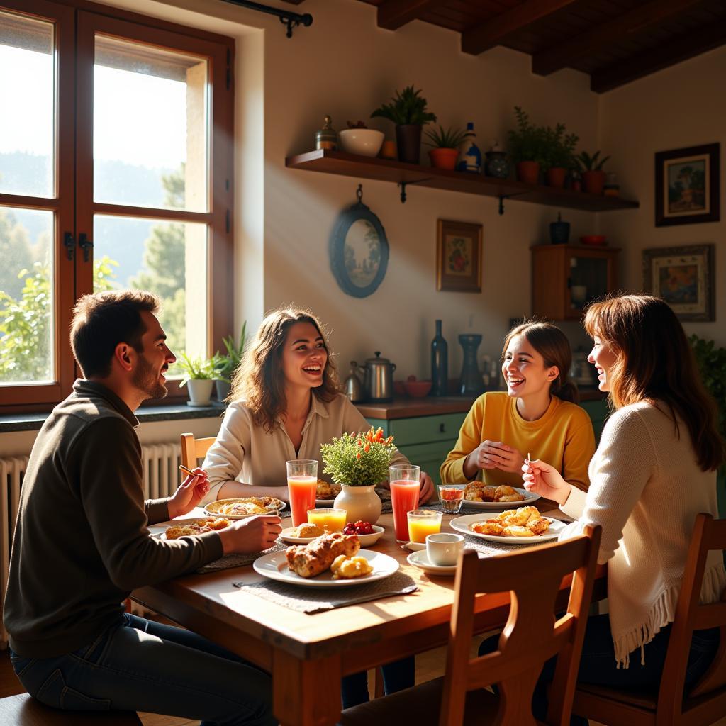 Spanish Family Enjoying Breakfast Together in a Cozy Homestay