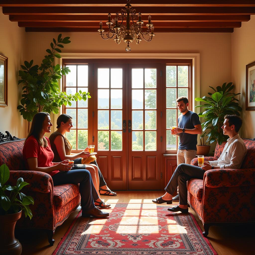 Guests engaging in conversation with their host family in a Spanish homestay living room